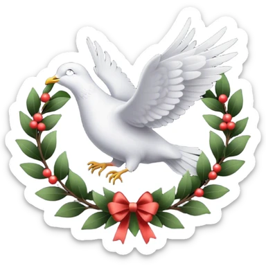 A flying dove with wreath on its beak and black linen background  sticker