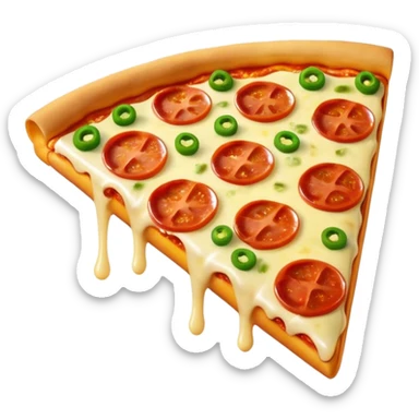 A cute 3D emoji-style pizza slice with glossy finish, thick melted cheese, golden crust, vibrant toppings, smooth cartoon design, soft lighting, clean background, high-quality modern emoji look. sticker