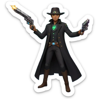 A mysterious alien gunslinger standing on a floating rock in space, cosmic nebula behind him, glowing energy revolver, long flowing coat in zero gravity, epic lighting, ultra detailed space western art
 sticker