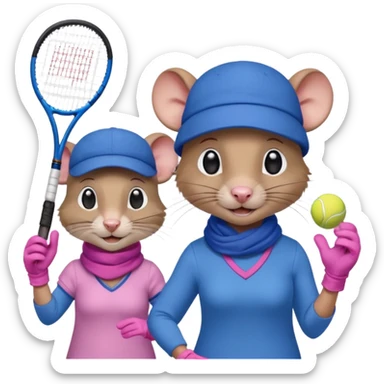 Male and female rat playing tennis in winter with gloves hats and scarves but on wearing blue the other wearing pink sticker