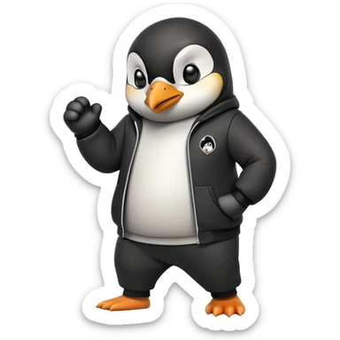 friendly anthropomorphised penguin wearing a mafia-style tracksuit, secretive scheming pose, soprano vibe, angry expression, walking quickly with a brisk purposeful stride, holding a knuckle duster sticker