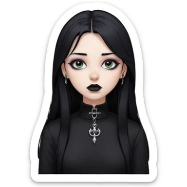 goth girl, straight long black hair, vertical labret lip piercing, black mock neck shirt sticker