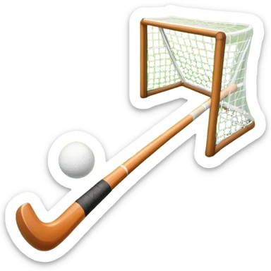 field hockey stick and ball on green grass field with goalposts in background sticker