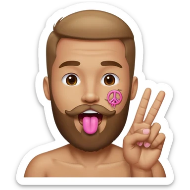 Man with beard sticking tongue out with peace sign under tongue sticker