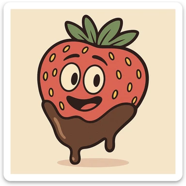 a strawberry in chocolate, cartoon style, vibrant colors, simple shapes sticker