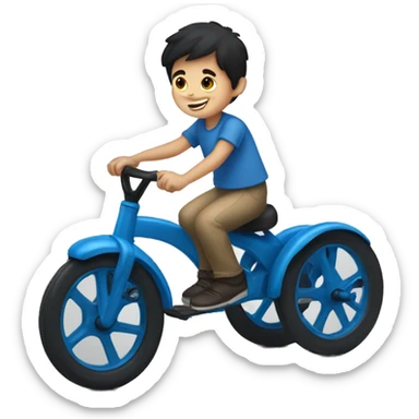little white boy with dark hair riding blue tricycle  sticker