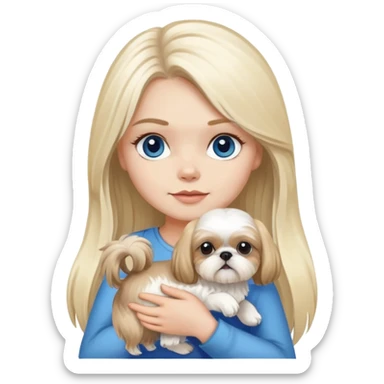 White blond girl with long hair and blue eyes holding a small female shih tzu dog sticker