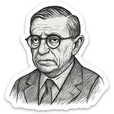 Enhance the Jean-Paul Sartre black outline icon with more detailed and refined facial features, hair, and clothing. Emphasize his round glasses while maintaining the hand-drawn black outline style and transparent background. sticker