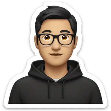 asian man with glasses dark haired wearing a black hoodie with a subtle mustache sticker