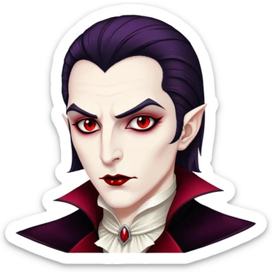 Cinematic Noble Vampire Portrait Emoji, Elegant and commanding, with a refined, pale visage framed by dark, velvet accents and a hint of crimson, exuding timeless seduction and dangerous allure, simplified yet exquisitely detailed, glowing with a soft nocturnal radiance and a subtle, mysterious outline that captures the regal spirit of an immortal lord of the night! sticker