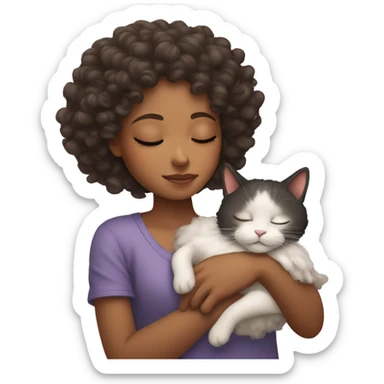 sleeping girl with curly hair holding a cat sticker