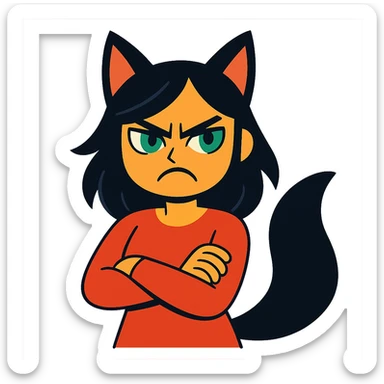 A girl with black fox ears and a tail, green eyes, dark hair, looking angry sticker