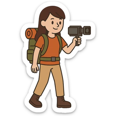 flat toon style hiking woman with brown hair holding a video camera sticker
