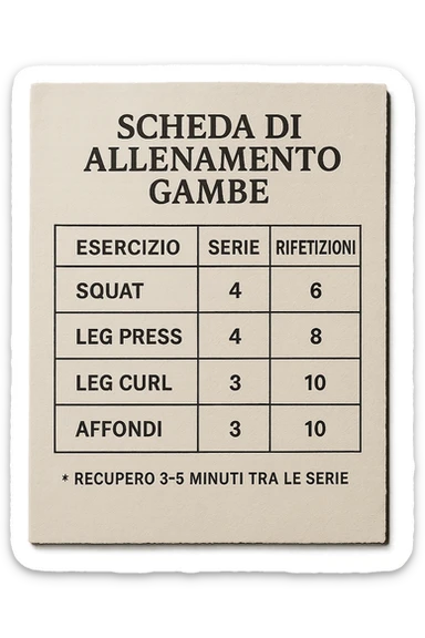 scheda di allenamento gambe in italiano che segna 3-5 minuti di recupero tra le serie, vista dall'alto, iperrealistica 4k sticker