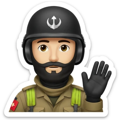 
surrenders, depicts an Iraqi soldier from 1980, with a beard, in a helmet, there are no signs on the helmet, with a balaclava, with sad eyes and raised hands sticker