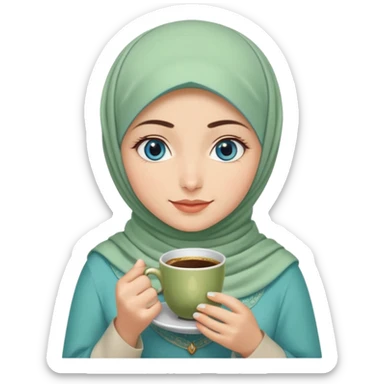 Turkish beautiful finish Konya girl blue with beige and butterfly light green hijab islamic dress and had on her hand Turkish coffee sticker