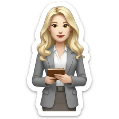 pale skin woman interior designer with cold blonde straight middle length hair, White blouse, Gray oversize jacket, Gray skirt holding a color palette in the hands sticker