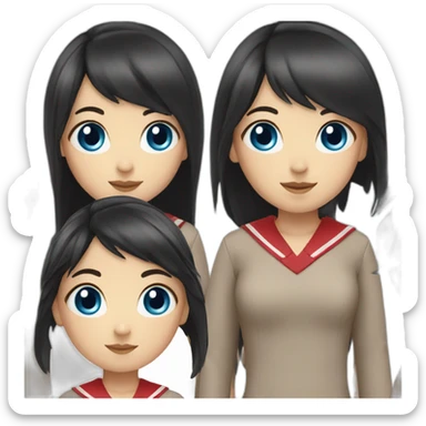 girl with long black hair, thick bangs, blue eyes, red school uniform sticker