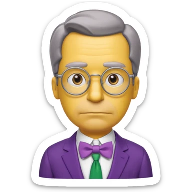 simpsons yellow man with neatly parted brown-gray hair, thick rectangular eyebrows, large round eyes behind thin glasses, a pointed nose, and a green suit with a white collar and purple bow tie. sticker