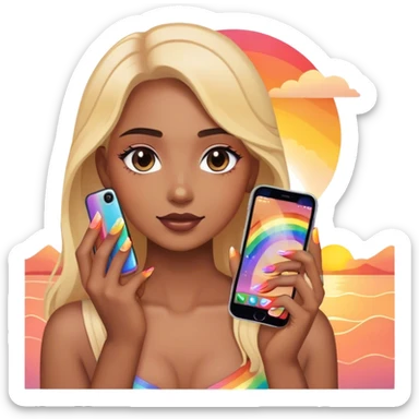 A person holding a phone with a sunset, phone cover and with rainbow nails sticker