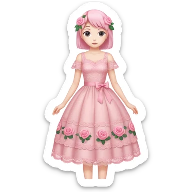 pastel anime woman with pink roses lace dress full body sticker