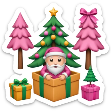 emojis estilo pixar de la cara de santa, arbolito rosa, reno, lazo coquet,bastones de caramelo rosa, caja de regalo rosa, arbolito verde con bambalinas rosa sticker