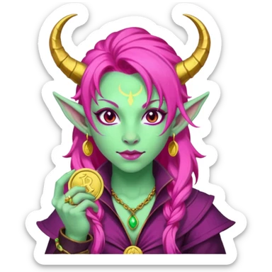 A D&D tiefling with pale green skin and long hot pink hair. She is a rouge and is obsessed with gold sticker