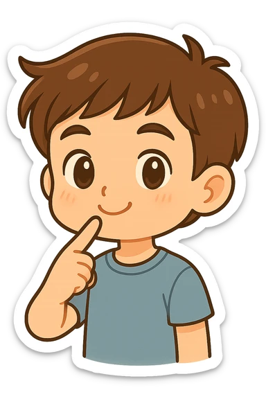 Add a finger pointing to the boy's chin, keep the chibi cartoon style, with no background. sticker