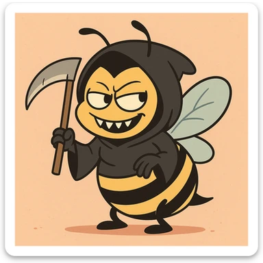 cartoon bee in a grim reaper costume, smiling mischievously, with a small scythe sticker