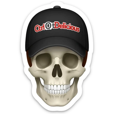 Create a skeleton head wearing a black baseball cap that says " CtrlAltDelicious " in Red, and white lettering, with brown hair sticker