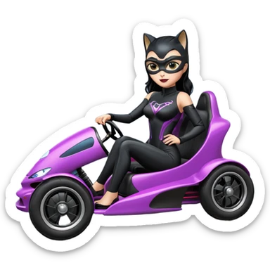 full size real-appearance electric road racing sexy CatWoman’s feminine midnight-colored tight outfit sixty’s tv show dark stealthy accurate sporty safe plush deluxe off-road pursuit drifting car jaguar accents (black hair,reclined and relaxed torso and shoulders seating position) go kart  sticker