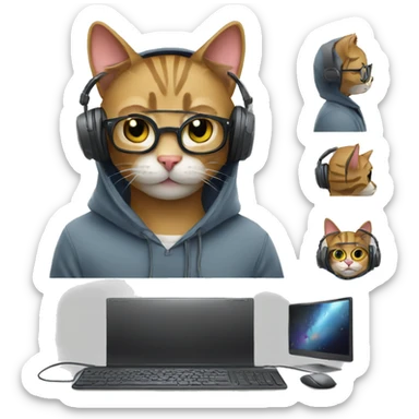 cat is a graphic designer in a hoodie and headphones, working at a computer in photoshop sticker