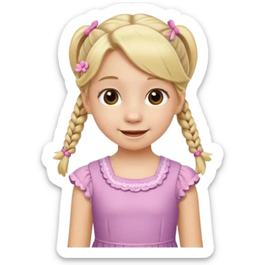 10 year old girl emoji, blonde hair in pigtails, wearing a dress, cheerful expression sticker