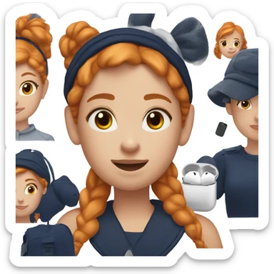 Ginger girl wearing navy blue AirPod max’s sticker