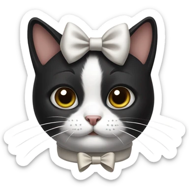 A black and white cat with a bow sticker