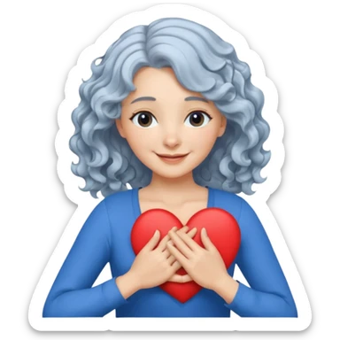 Silverhair, wavy/curly hair chin-length lady giving hug with 2 arms, blue v-neck and smiling, add a heart sticker