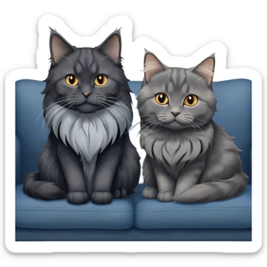 Portrait of a black smoke Maine Coon cat with long grey ear tufts, alongside a British Shorthair cat with a solid blue coat on sofa. Both cats with detailed fur textures and playful expressions. Soft, elegant background of room with warm, natural tones. Transparent background. sticker