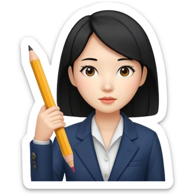 a korean cosmetics marketing expert women with black hair, holding a pencil sticker