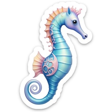 Cinematic Noble Sea Horse Portrait Emoji, Poised and enchanting, with a delicate, slender body in soft pastel hues, a gracefully curled tail and large, expressive eyes radiating gentle wonder, Simplified yet charmingly cute features, highly detailed, glowing with a soft, magical aquatic luminescence, high shine, intelligent and endearing, stylized with an air of whimsical marine grace, focused and poised, soft glowing outline, capturing the essence of a watchful and confident seahorse that appears ready to drift out of the screen with delightful charm! sticker