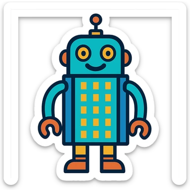 a smiling robot with a body shaped like a skyscraper sticker