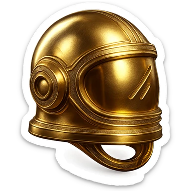 Make the golden pilot helmet more futuristic with sleek lines, glowing accents, and an advanced visor. Keep the shiny metallic gold appearance. No background. sticker