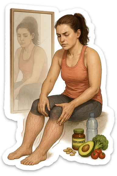 Donna tra i 25 e i 35 anni in abbigliamento sportivo, seduta o in piedi davanti allo specchio, mentre massaggia con forza le sue gambe gonfie, con espressione determinata ma affaticata. Intorno alle gambe si vedono simboli visivi di gonfiore e ritenzione (gambe leggermente arrossate, vene visibili, contorni delle gambe evidenziati da linee simboliche). Sullo sfondo: integratori naturali, alimenti sani e una bottiglia d’acqua, come strumenti di supporto. Atmosfera di lotta personale, luce neutra ma con accenti di speranza. Stile realistico e educativo sticker