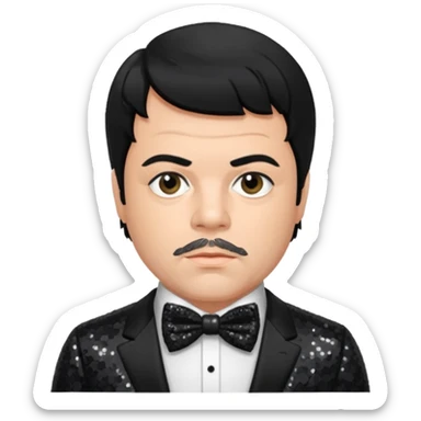 Oliver Reed with black hair, black sequin suit with bow tie sticker