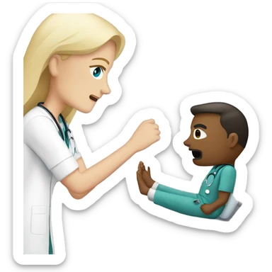 Scared, masculine male patient with a blonde female doctor examining his foot sticker