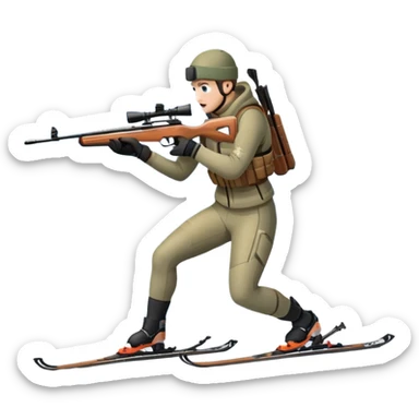 An icon showing a snowy landscape with pine trees, mountains, and a clear sky with a biathlete aiming a rifle in the foreground, wearing winter gear and skis. Transparent background emphasizes the precision, endurance, and beauty of this winter sport. sticker