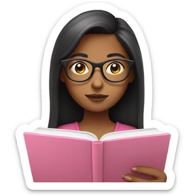 girl with glasses and dark hair reading on a pink tablet sticker