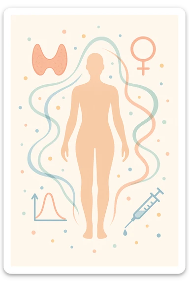 Il corpo è circondato da simboli delicati e bilanciati che rappresentano equilibrio ormonale e metabolico: piccoli cerchi, flussi energetici colorati, simboli stilizzati di tiroide, picco insulina, estrogeni.  sticker