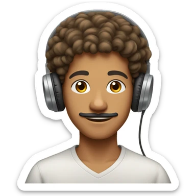 a handsome 17 year old Moroccan boy with a mustache and curly hair and a light brown dye with headphones in his ears sticker