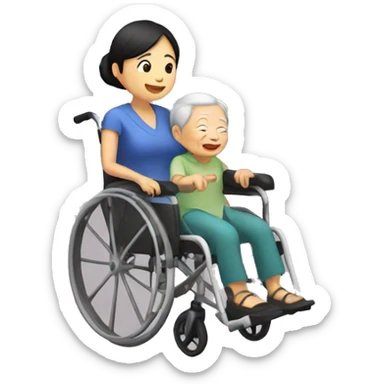 asian girl pushing grandma in wheelchair sticker