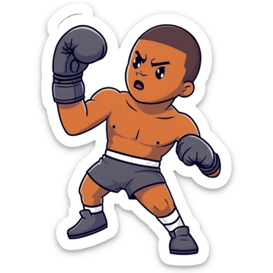 A determined 19-year-old Black male boxer throwing a punch, wearing boxing shorts and gloves sticker